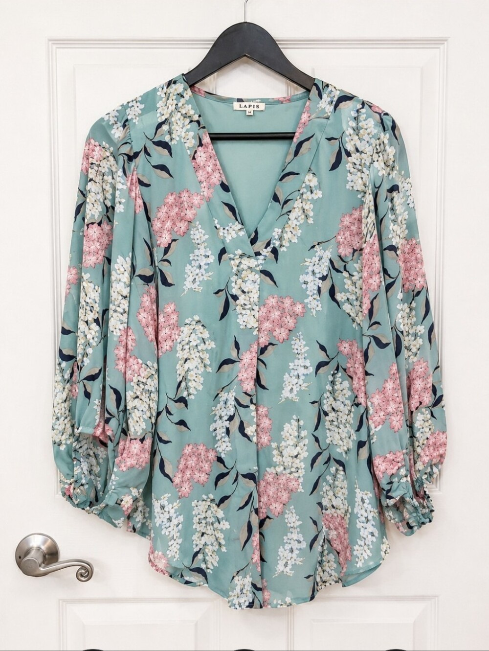 Jodifl Sage Floral Blouse Split V Neck Bishop Sleeve Boho Top Sz Sm
